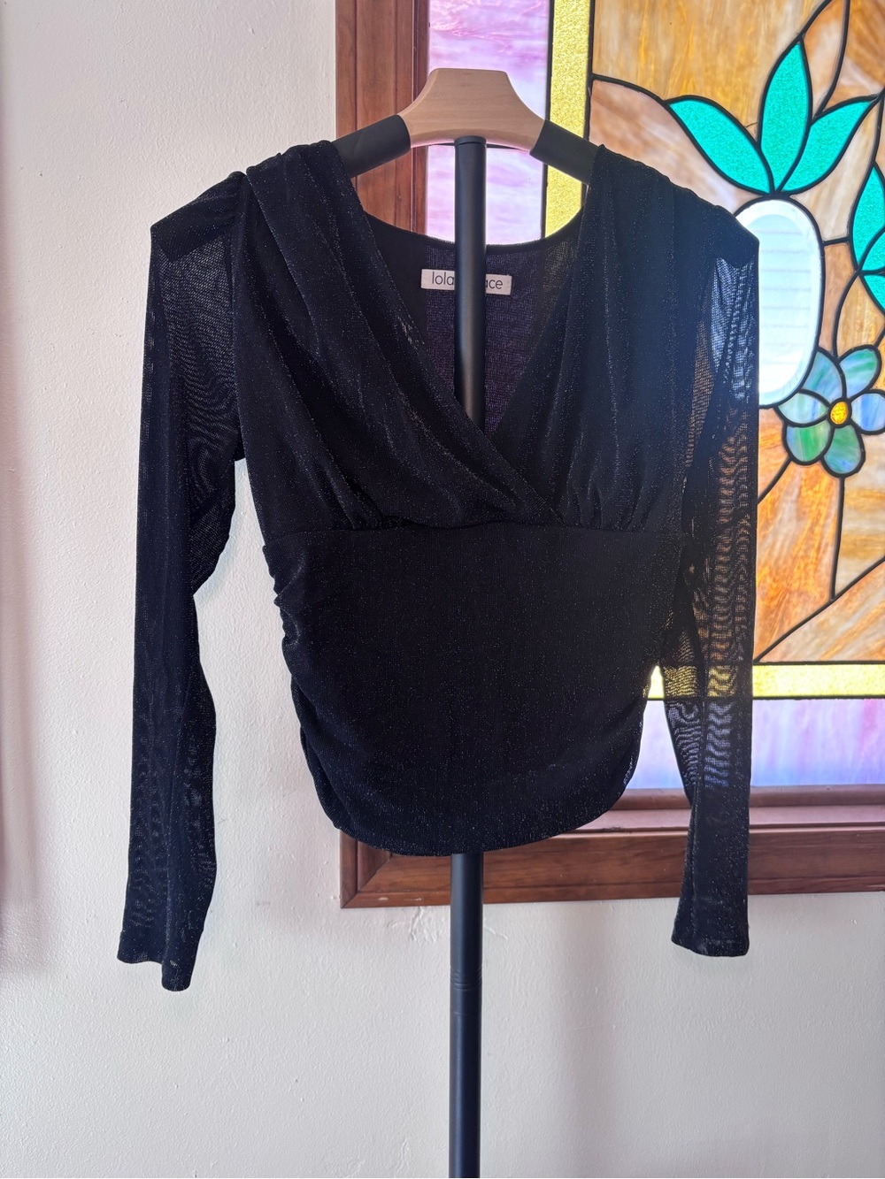 Lola Grace Black Metallic Sparkle Ruched Long Sleeve V-Neck Top Blouse Size S